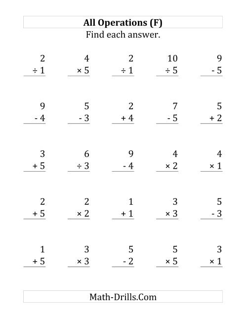 The All Operations with Facts From 1 to 5 (F) Math Worksheet