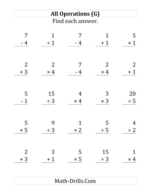 The All Operations with Facts From 1 to 5 (G) Math Worksheet