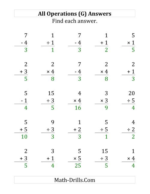 The All Operations with Facts From 1 to 5 (G) Math Worksheet Page 2