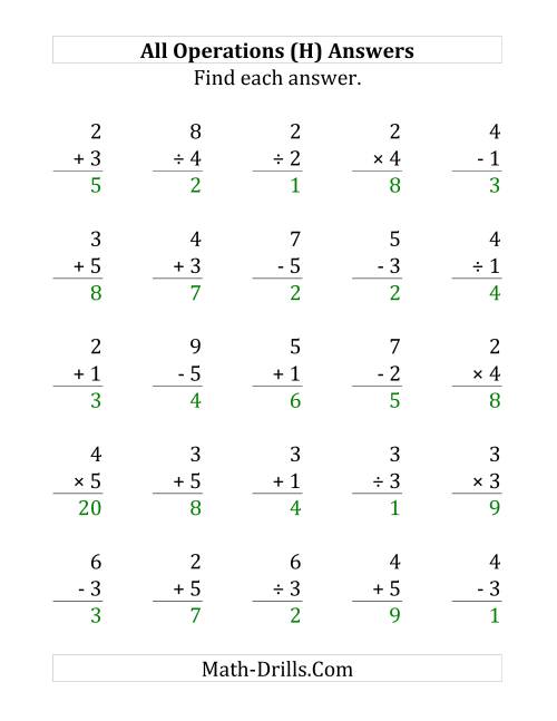 The All Operations with Facts From 1 to 5 (H) Math Worksheet Page 2