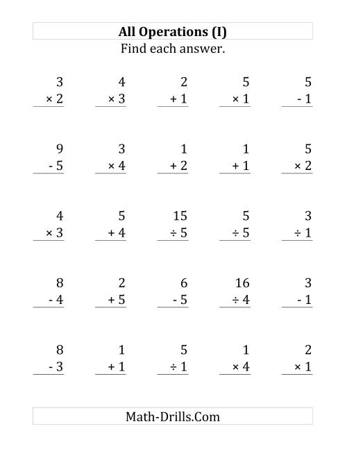 The All Operations with Facts From 1 to 5 (I) Math Worksheet
