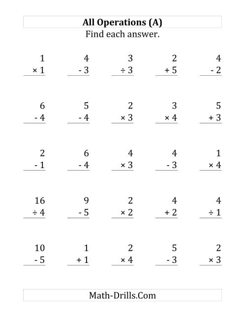 The All Operations with Facts From 1 to 5 (Large Print) Math Worksheet
