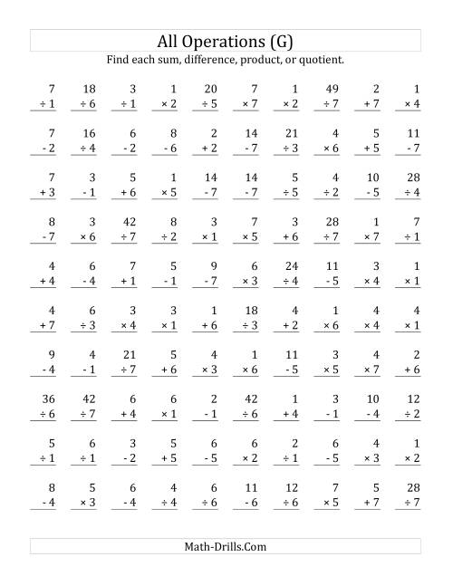 The All Operations with Facts From 1 to 7 (G) Math Worksheet