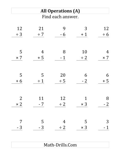 The All Operations with Facts From 1 to 7 (A) Math Worksheet