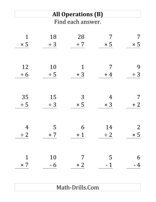 The All Operations with Facts From 1 to 7 (B) Math Worksheet