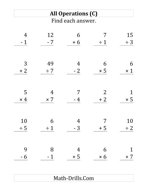The All Operations with Facts From 1 to 7 (C) Math Worksheet
