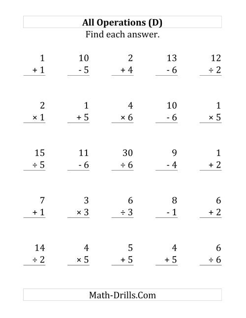 The All Operations with Facts From 1 to 7 (D) Math Worksheet