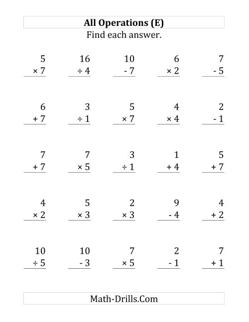The All Operations with Facts From 1 to 7 (E) Math Worksheet