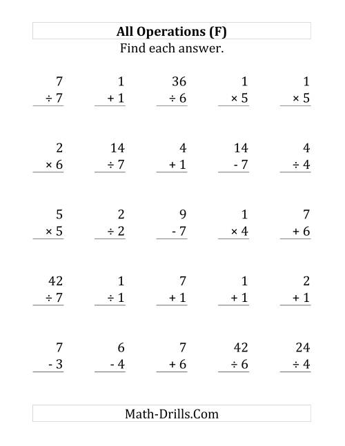The All Operations with Facts From 1 to 7 (F) Math Worksheet