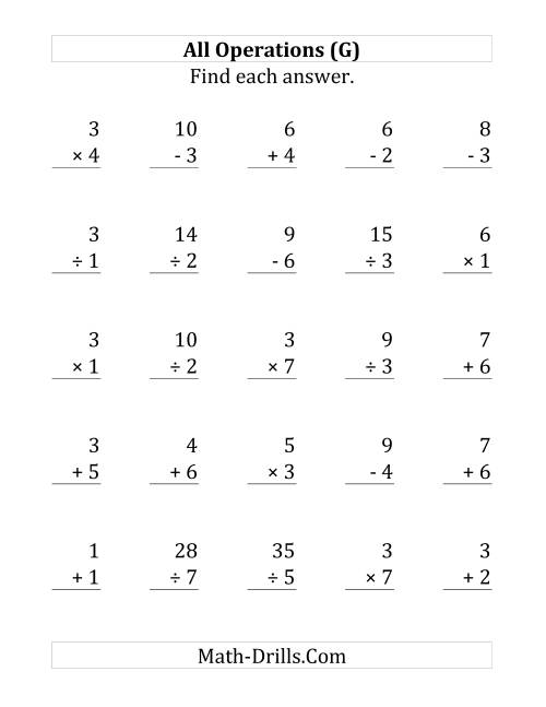 The All Operations with Facts From 1 to 7 (G) Math Worksheet