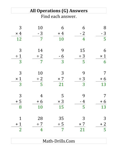 The All Operations with Facts From 1 to 7 (G) Math Worksheet Page 2