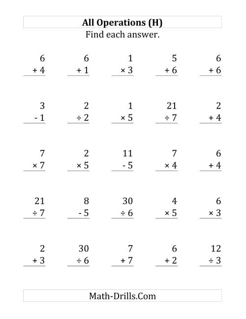 The All Operations with Facts From 1 to 7 (H) Math Worksheet
