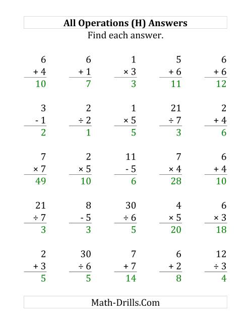 The All Operations with Facts From 1 to 7 (H) Math Worksheet Page 2