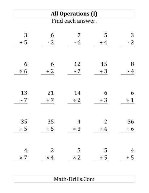 The All Operations with Facts From 1 to 7 (I) Math Worksheet