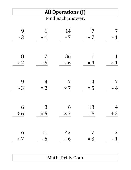 The All Operations with Facts From 1 to 7 (J) Math Worksheet