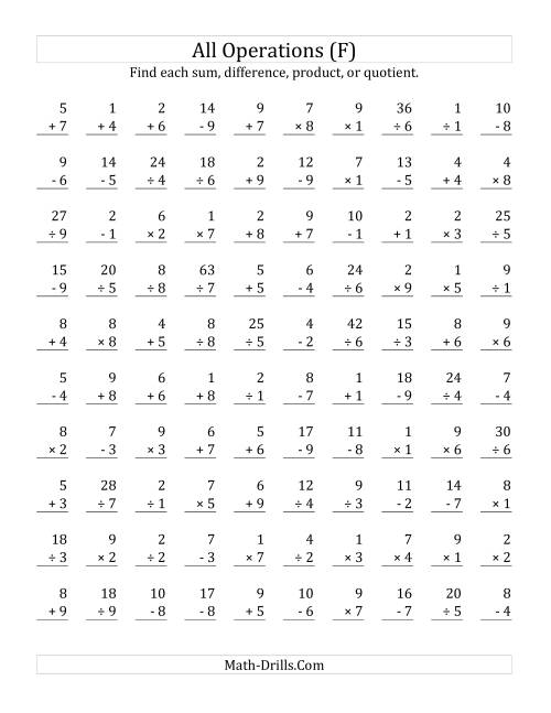 The All Operations with Facts From 1 to 9 (F) Math Worksheet