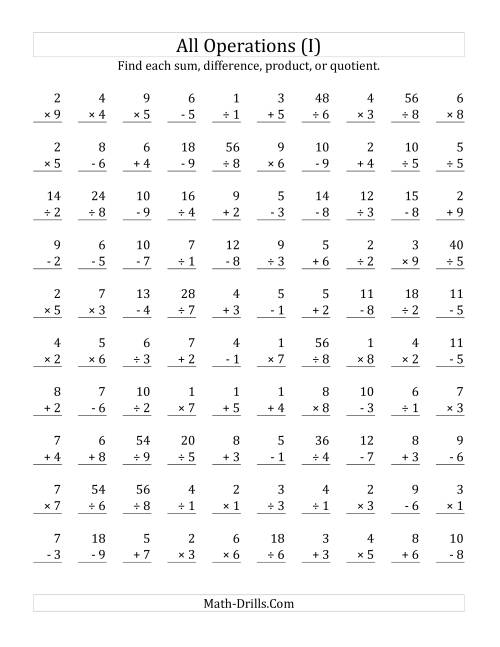 The All Operations with Facts From 1 to 9 (I) Math Worksheet