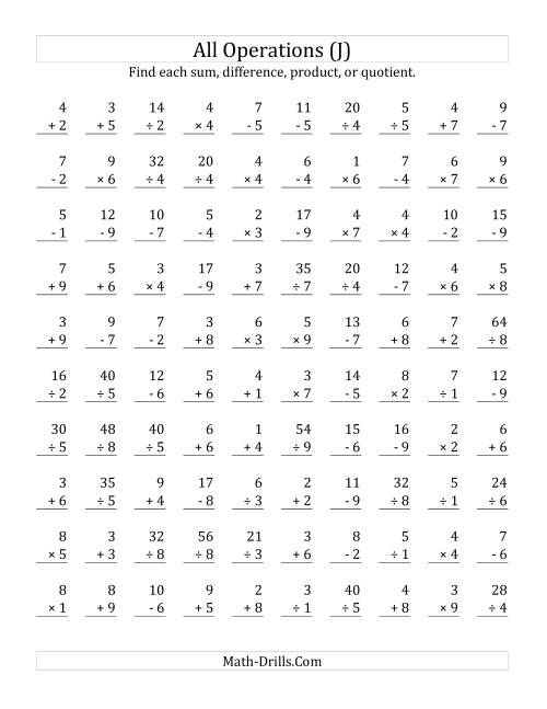 The All Operations with Facts From 1 to 9 (J) Math Worksheet