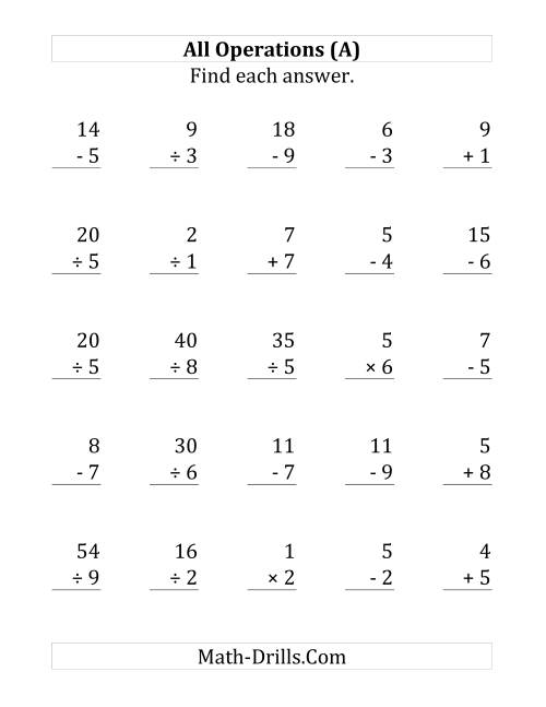 The All Operations with Facts From 1 to 9 (A) Math Worksheet