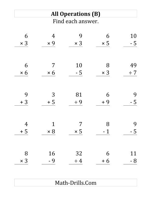 The All Operations with Facts From 1 to 9 (B) Math Worksheet