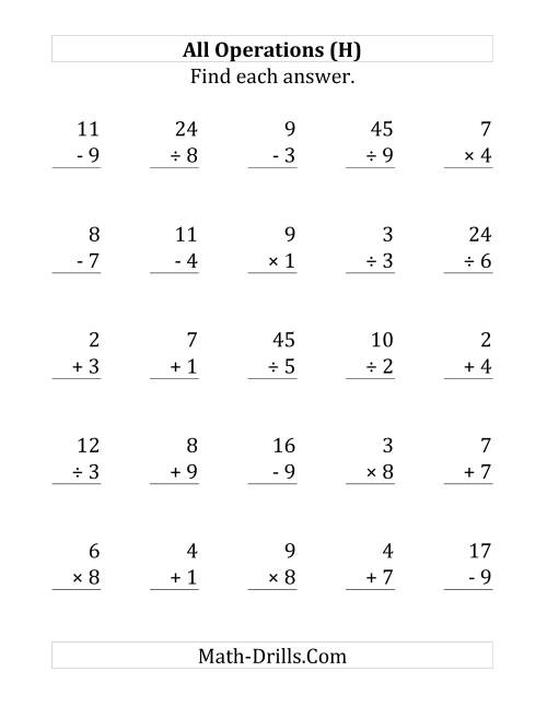The All Operations with Facts From 1 to 9 (H) Math Worksheet