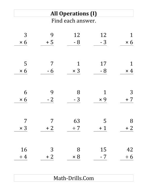 The All Operations with Facts From 1 to 9 (I) Math Worksheet
