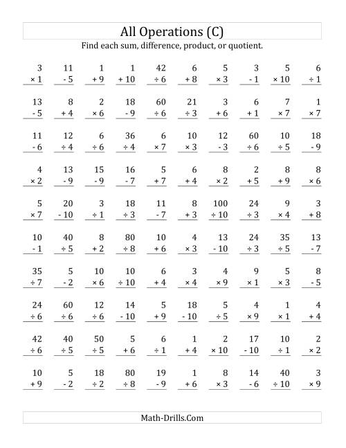 The All Operations with Facts From 1 to 10 (C) Math Worksheet