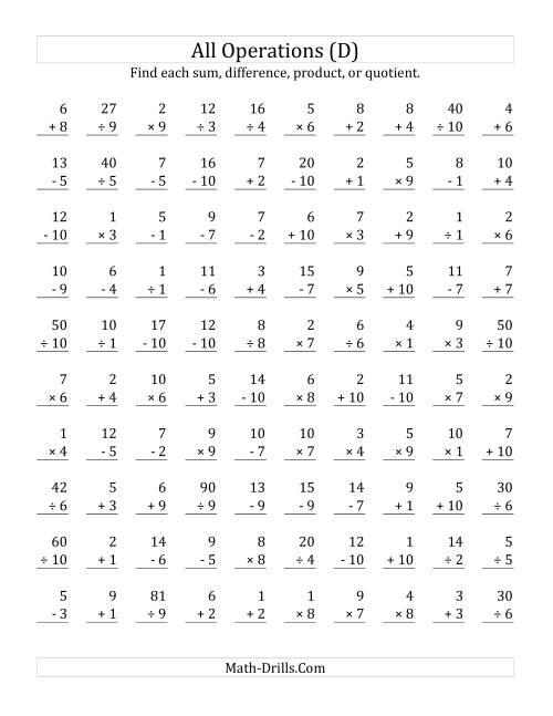 The All Operations with Facts From 1 to 10 (D) Math Worksheet
