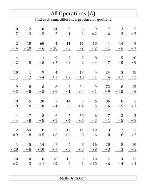 The All Operations with Facts From 1 to 10 (All) Math Worksheet