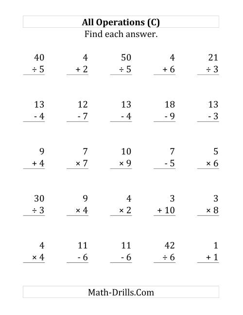 The All Operations with Facts From 1 to 10 (C) Math Worksheet