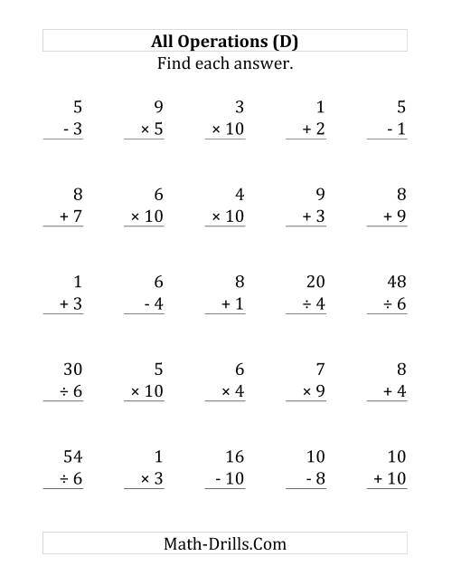 The All Operations with Facts From 1 to 10 (D) Math Worksheet