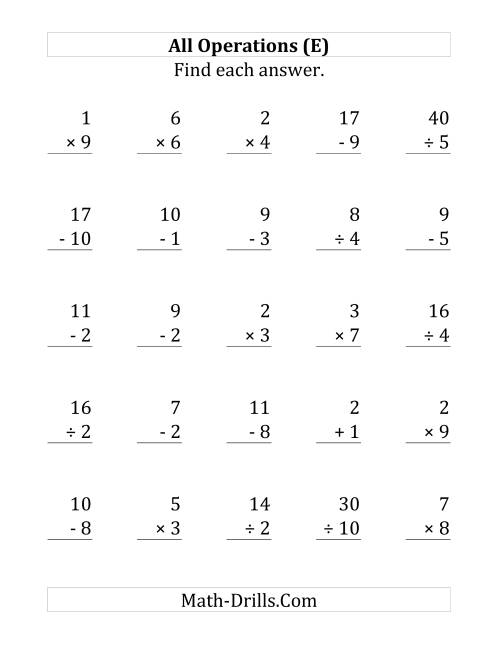 The All Operations with Facts From 1 to 10 (E) Math Worksheet