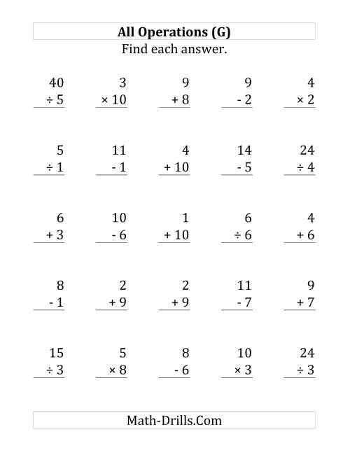 The All Operations with Facts From 1 to 10 (G) Math Worksheet