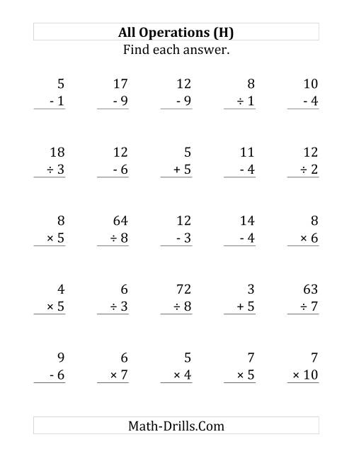 The All Operations with Facts From 1 to 10 (H) Math Worksheet