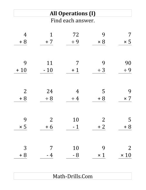 The All Operations with Facts From 1 to 10 (I) Math Worksheet