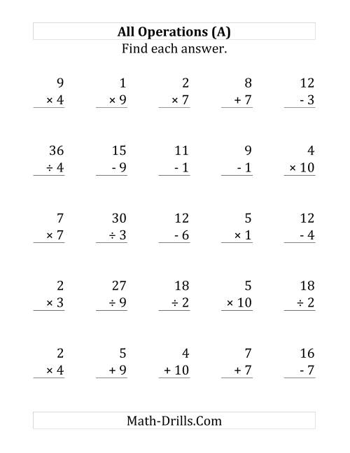 The All Operations with Facts From 1 to 10 (Large Print) Math Worksheet