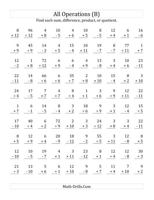 The All Operations with Facts From 1 to 12 (B) Math Worksheet