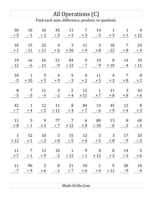 The All Operations with Facts From 1 to 12 (C) Math Worksheet