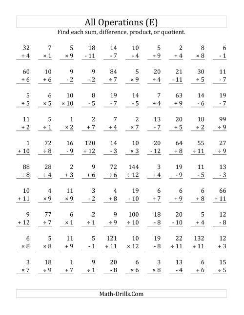 The All Operations with Facts From 1 to 12 (E) Math Worksheet