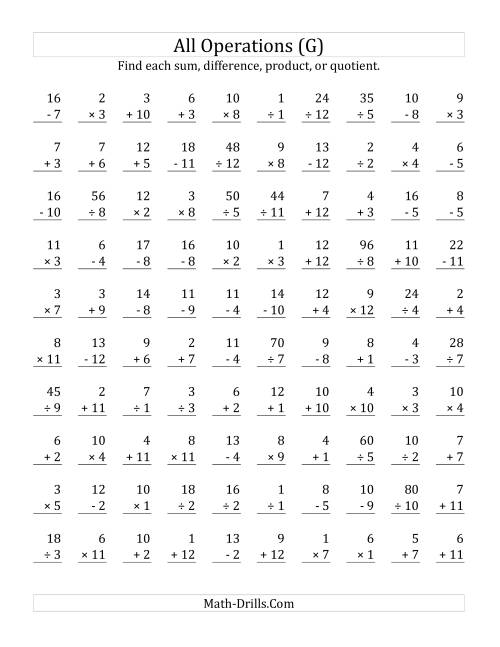 The All Operations with Facts From 1 to 12 (G) Math Worksheet