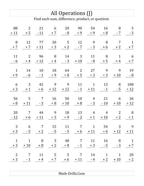 The All Operations with Facts From 1 to 12 (J) Math Worksheet