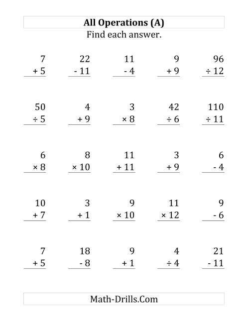 The All Operations with Facts From 1 to 12 (A) Math Worksheet