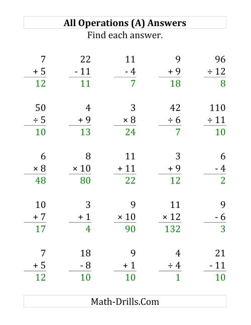 The All Operations with Facts From 1 to 12 (A) Math Worksheet Page 2
