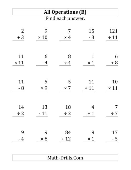 The All Operations with Facts From 1 to 12 (B) Math Worksheet