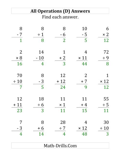 The All Operations with Facts From 1 to 12 (D) Math Worksheet Page 2