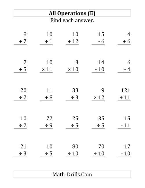 The All Operations with Facts From 1 to 12 (E) Math Worksheet
