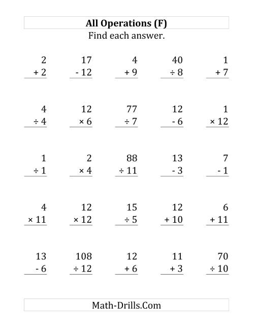 The All Operations with Facts From 1 to 12 (F) Math Worksheet
