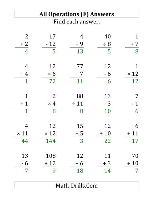 The All Operations with Facts From 1 to 12 (F) Math Worksheet Page 2
