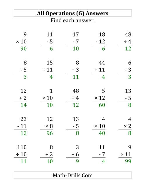 The All Operations with Facts From 1 to 12 (G) Math Worksheet Page 2