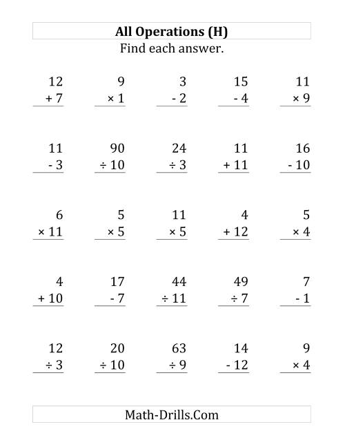 The All Operations with Facts From 1 to 12 (H) Math Worksheet